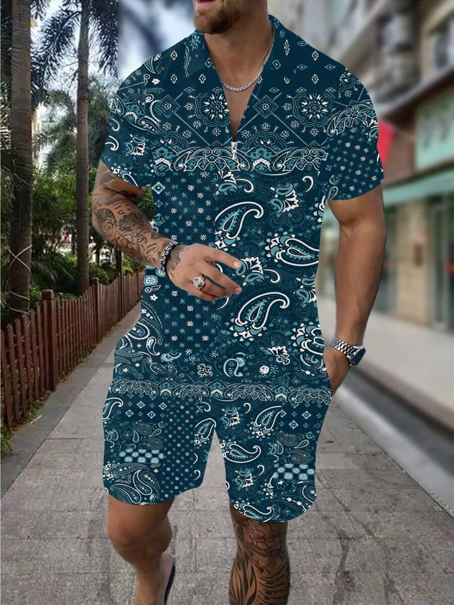 Streetwear Zipper - Ensemble polo et short pour homme,